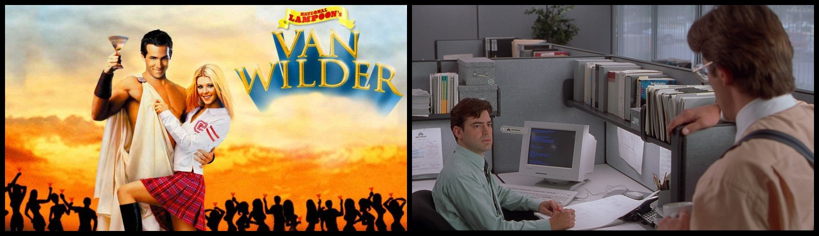 Side-by-side images of Van Wilder relaxing and Office Space's Lumbergh talking to Peter